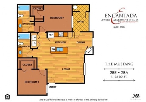 Floor plan for 2 beds, 2 baths, 1132 sqft